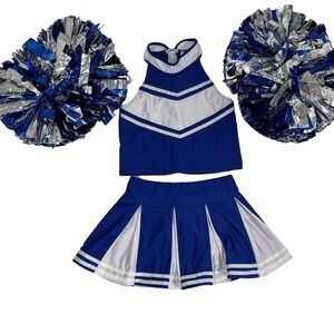 Girls Blue & White Cheerleader Costume Set Size 10 with‎ Pom Poms